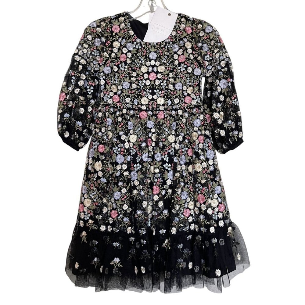 Mac Duggal Girls Dress Size 4 Pageant Heavily Embroidered Black Pink Floral 3153